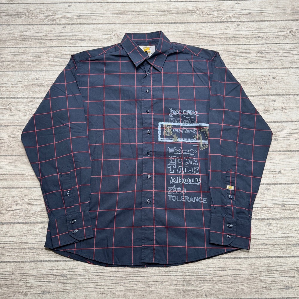 Zero Tolerance Shirt Men's Medium Navy Red Grid Graphic Button Down Streetwear